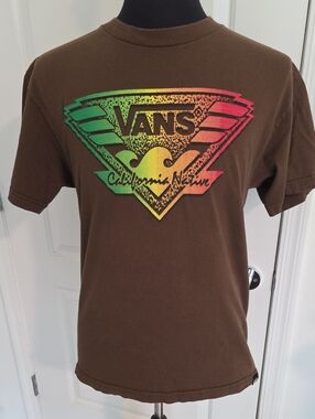 Vans Brown Short-Sleeve Tee with Green-Yellow-Red Gradient Logo
